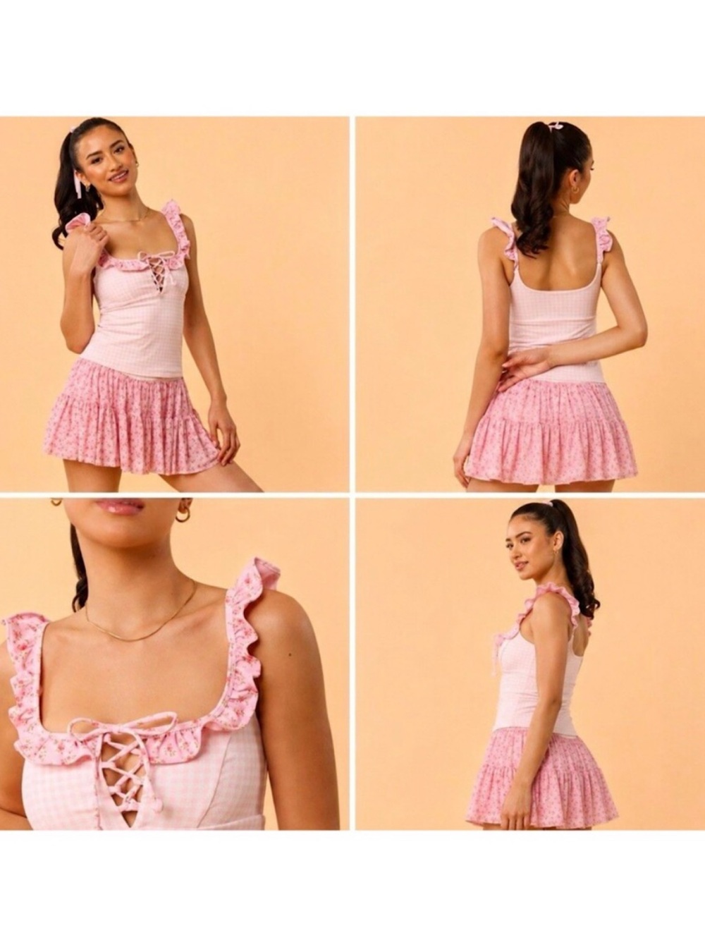 Blogilates Ruffle Lace Up Tank (Floral & Ginham - Size Small)